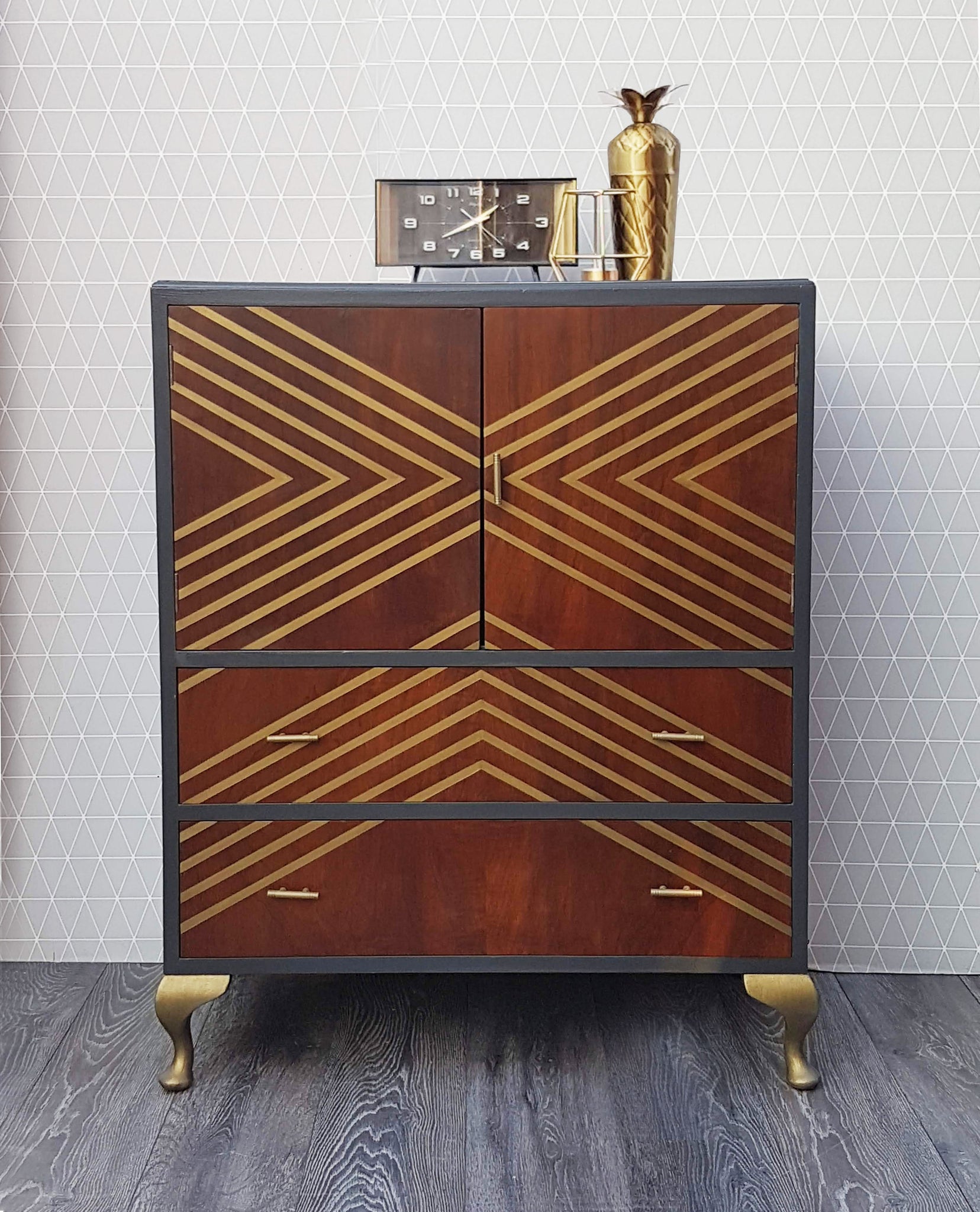 Upcycled Vintage Oak Drinks Cabinet With Geometric Design Done