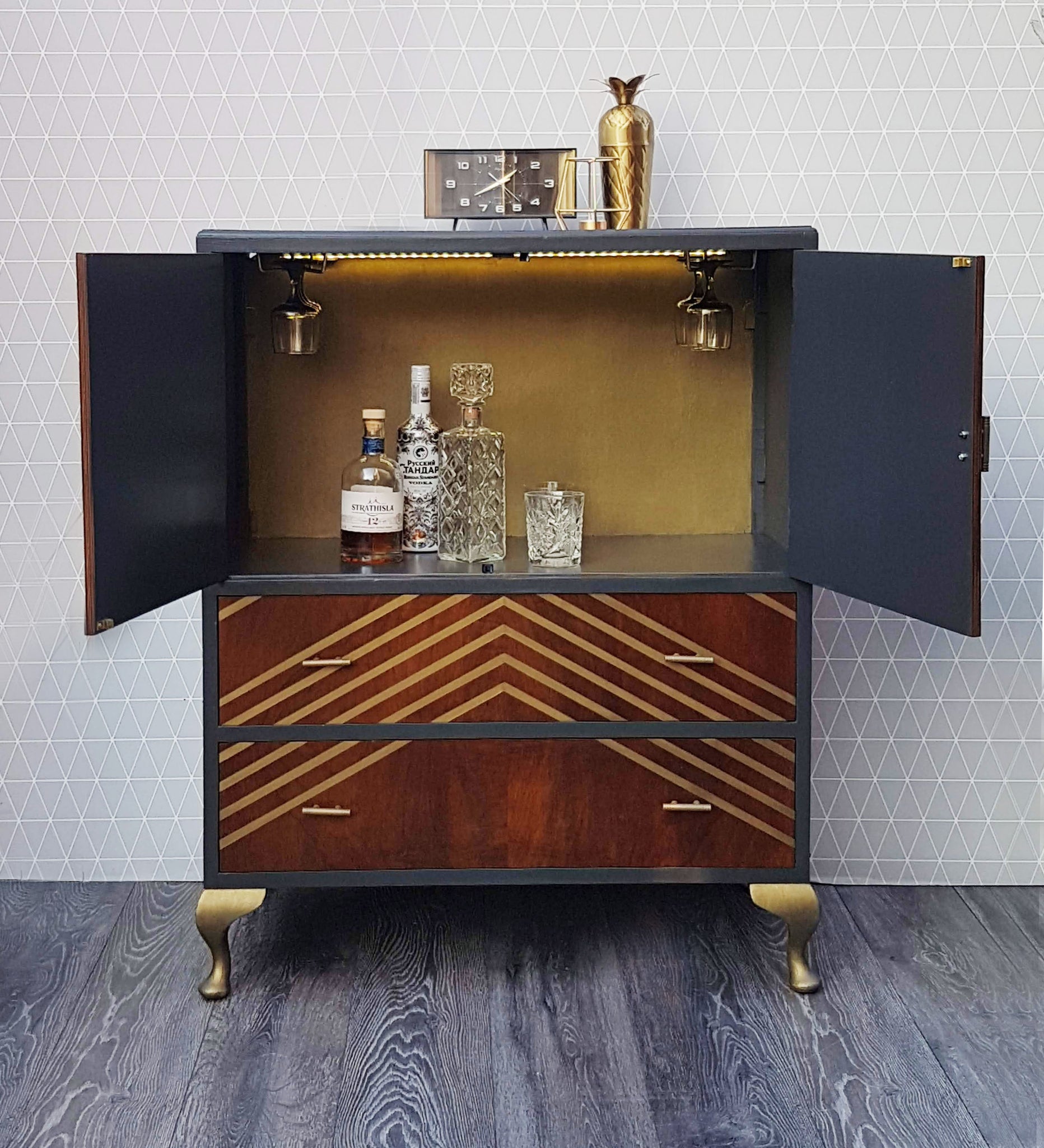 Upcycled Vintage Oak Drinks Cabinet With Geometric Design Done