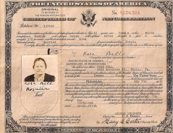 naturalization certificate for Rozalia Belsky, aka Rose Bell.