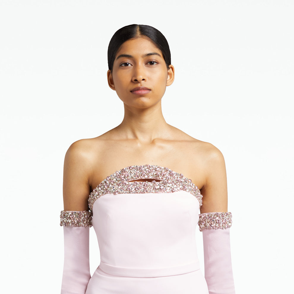 Donatella Barely Pink Long Dress With Antonia Gloves – Safiyaa London