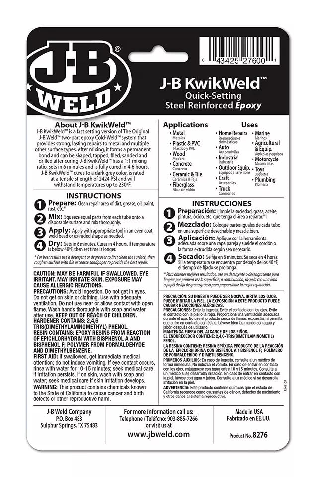 JB Weld Kwik Weld Quick Setting Steel Reinforced Multi Purpose Epoxy Glue