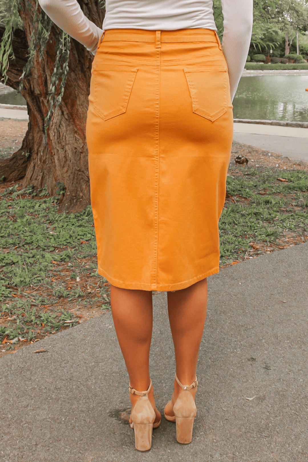 mustard denim skirt