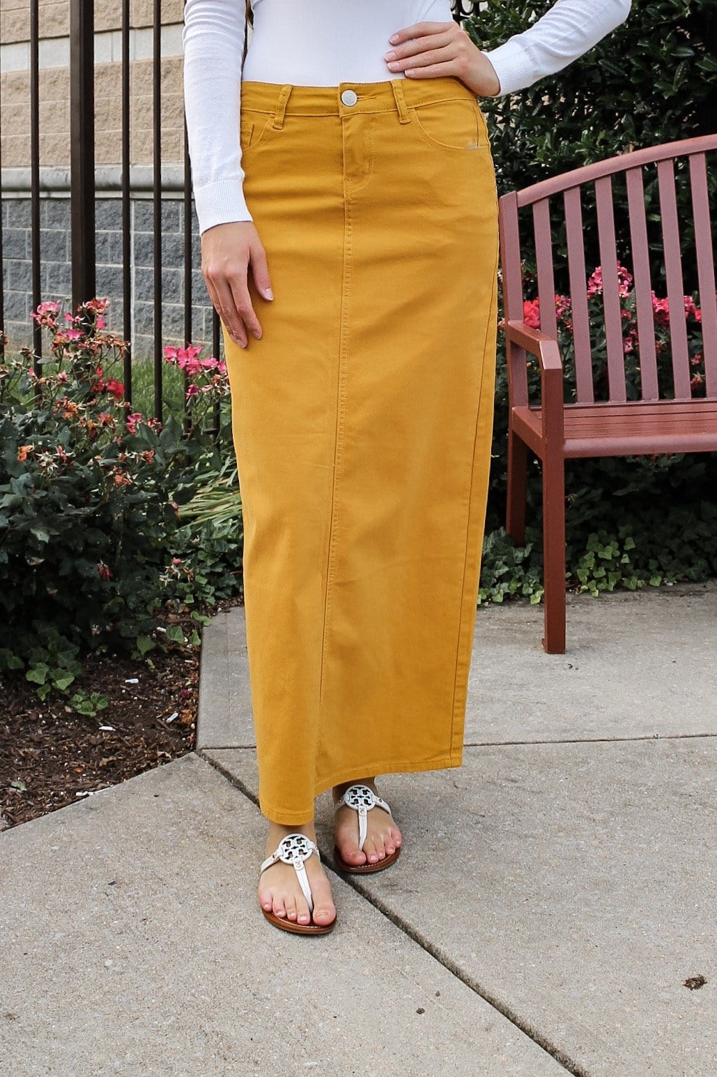 mustard jean skirt