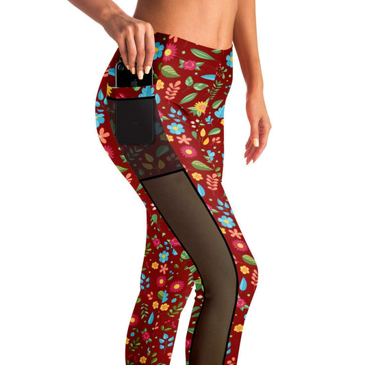 Navy Blue Flower Power Mesh Pocket Leggings