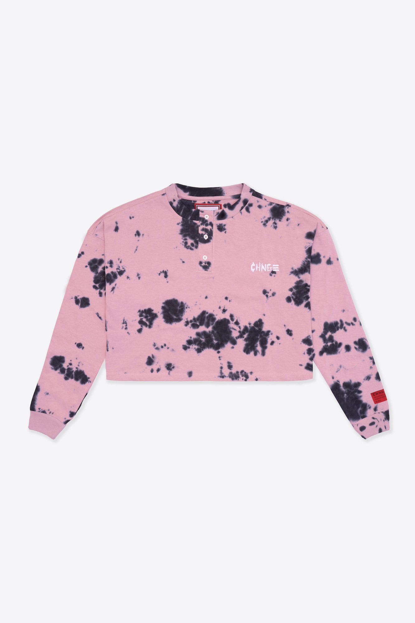 Tie Dye Butterfly L/S Cuffed Henley Crop (Mauve)