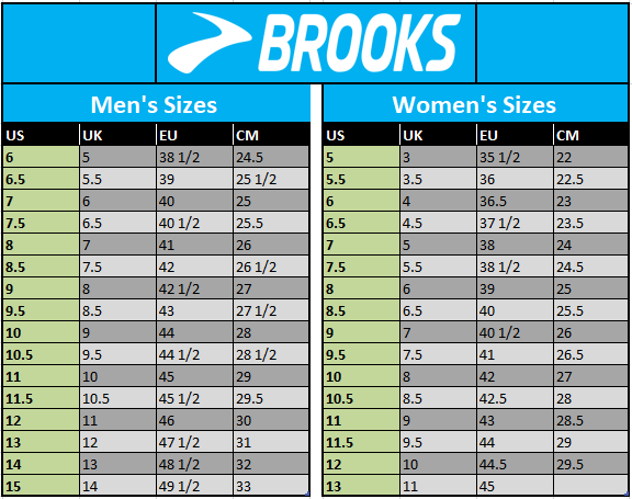 brooks size chart cm