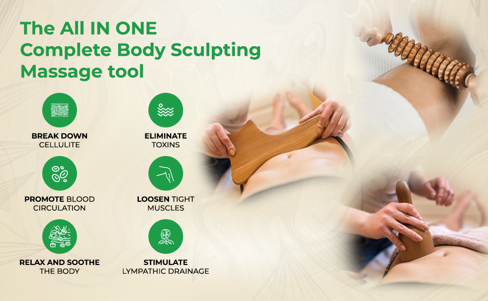 MHM 8-in-1 Complete Wood Therapy Massage Tool Set for Body Shaping - Durable and Comfortable Massage Tools to Help with Reduction of Cellulite and More