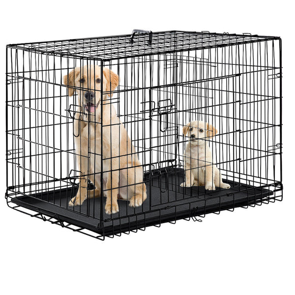 Black 48" 2 Door Pet Cage Folding Dog w/Divider Cat Crate Cage Kennel with Tray