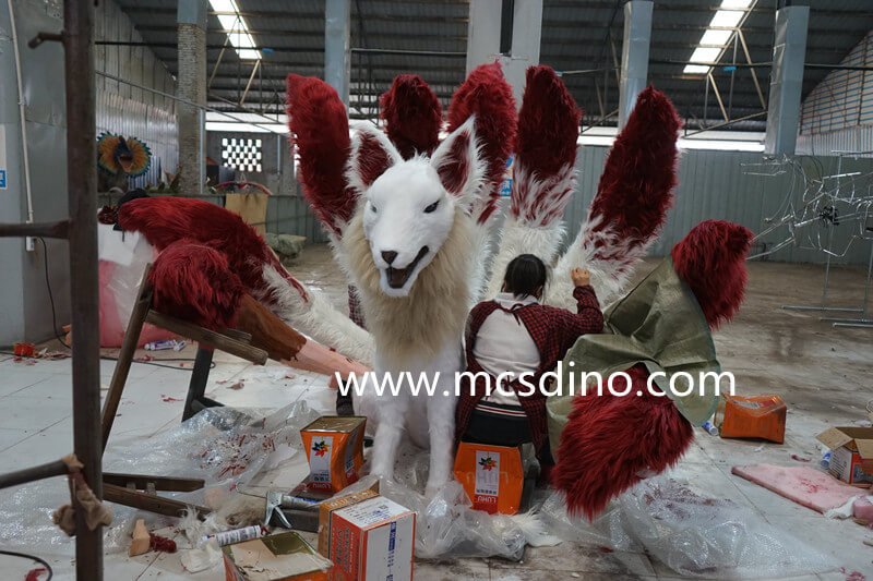 sewing process of animatronic 9 tailed fox