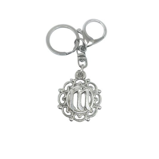 american handmade monogram keychain silver with swirls