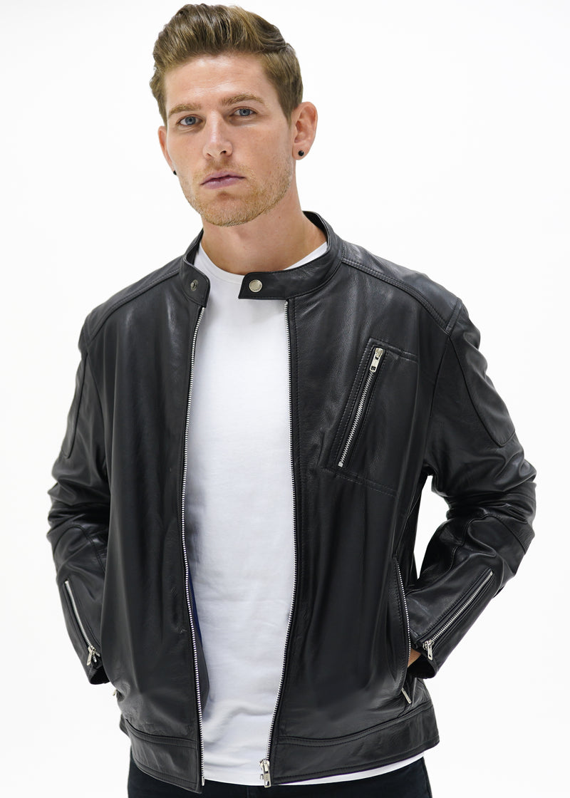 Men's Valiant Black Leather Racer Jacket | CAMOKAZI