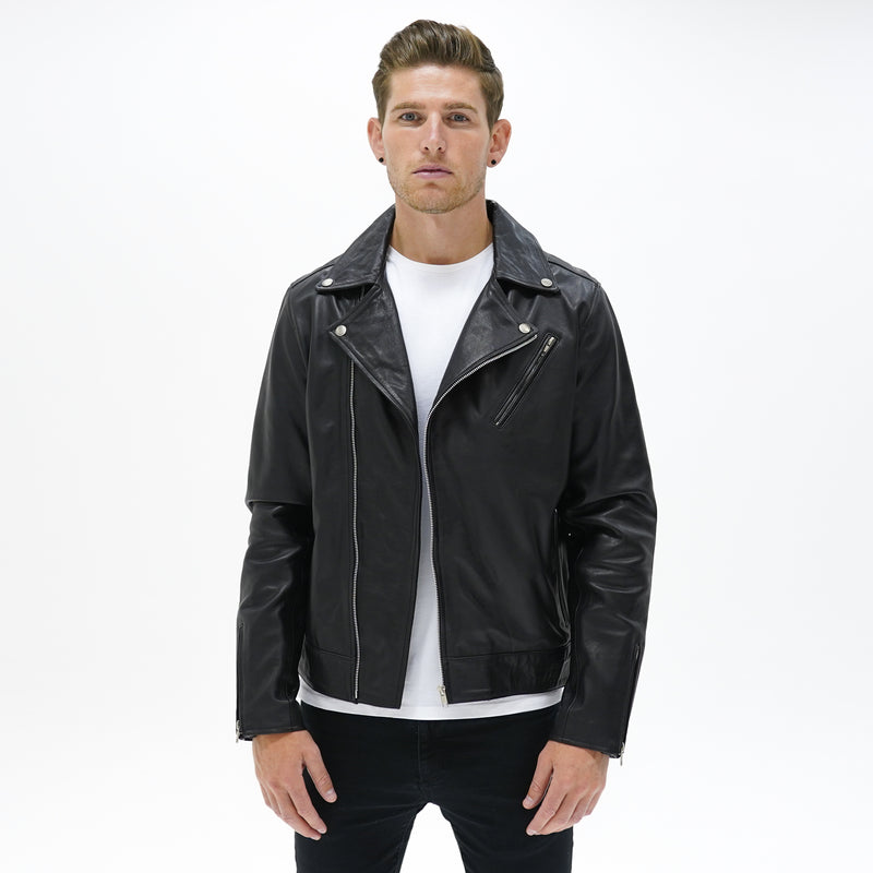 Men's Black Vanguard Classic Leather Biker Jacket | CAMOKAZI