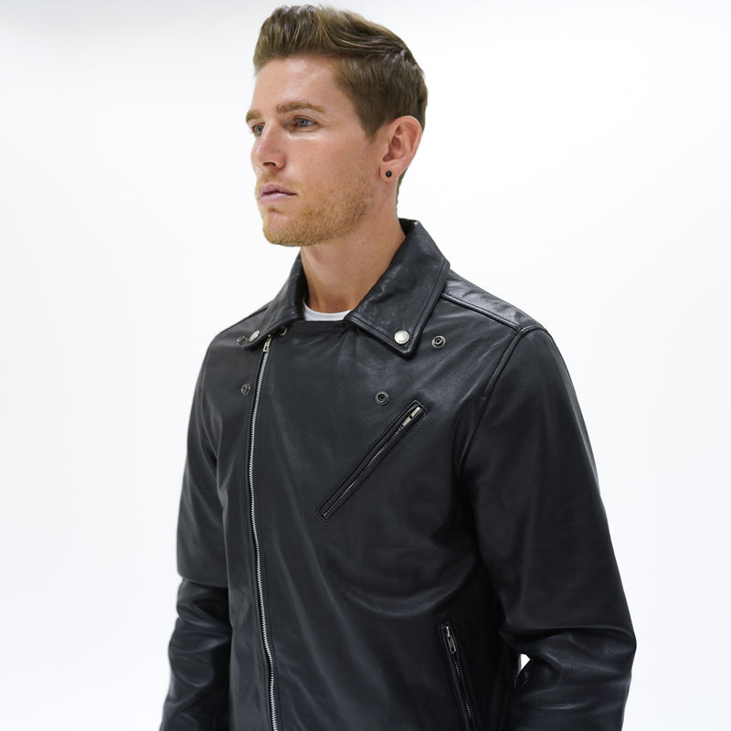 Men's Black Vanguard Classic Leather Biker Jacket | CAMOKAZI