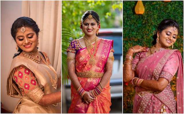 Poojitha is all smiles after her makeover for her reception Hair and makeup  by Team Swank South Indian bridal   Indian bridal makeup Indian bridal  Bridal updo