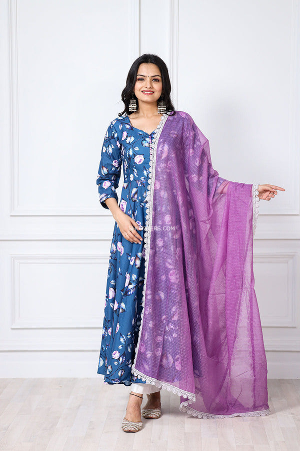 Blue & White Cotton Linen Suit set With Lavendar Dupatta