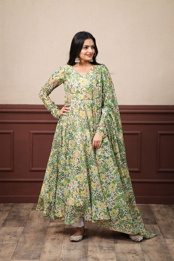 Ivory and Green Chiffon Butti Top & Dupatta With Cotton Pant
