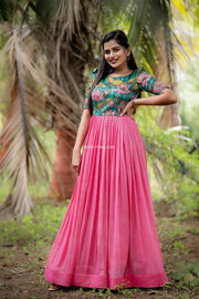 Pink Georgette Maxi Dress With Silk Kalamkari Embroidery