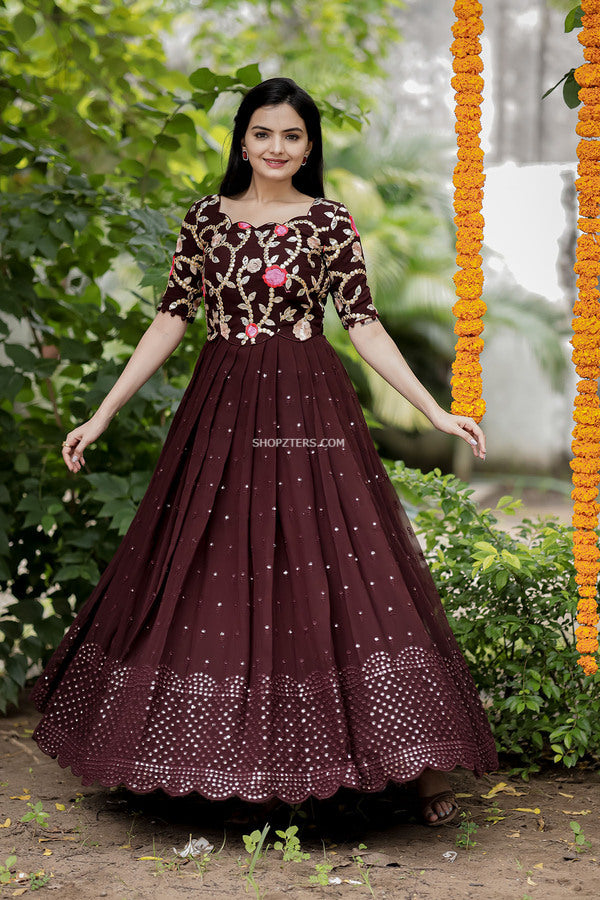 Brown Georgette Embroidery Maxi Dress