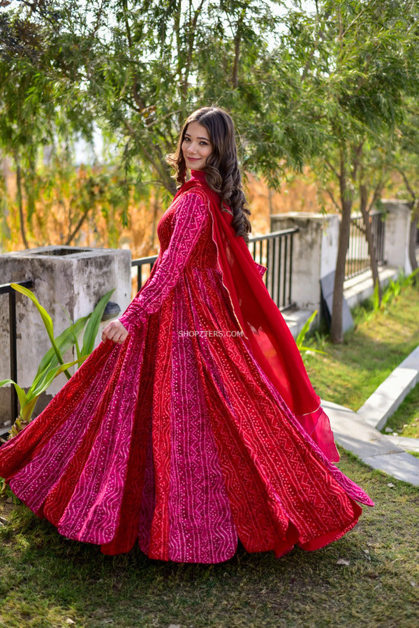 Pink And Red Rayon Maxi Dress With Dupatta