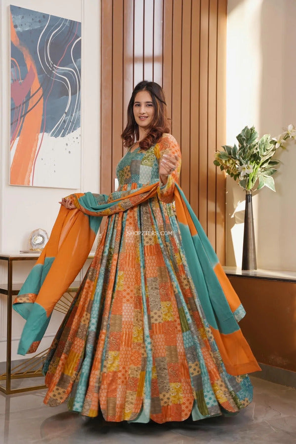 Multicolor Maxi Dress With Dupatta