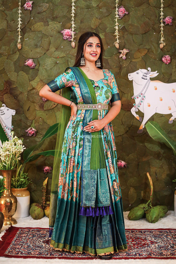 Aqua Blue and Mehendi Green Banarasi Silk Dress With Belt