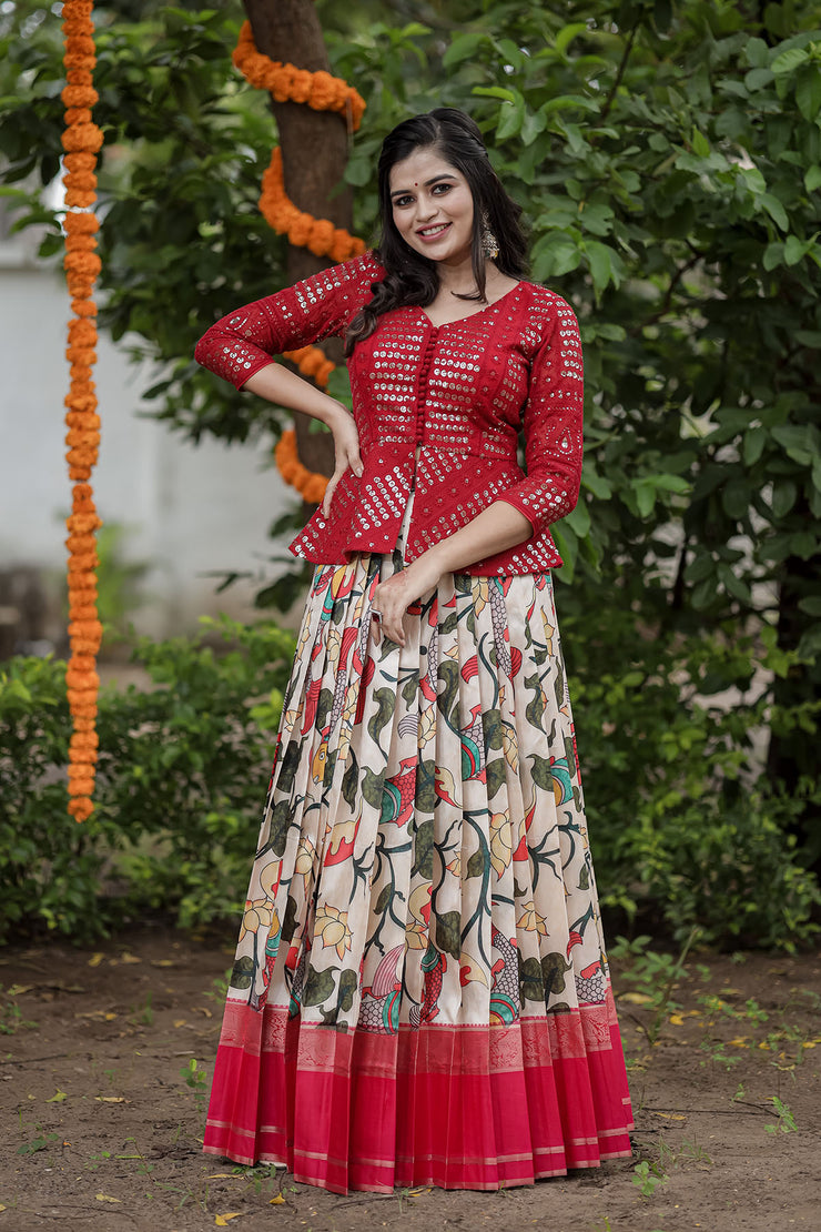 Red Embroidery Top With Cream Kalamkari Skirt – Shopzters