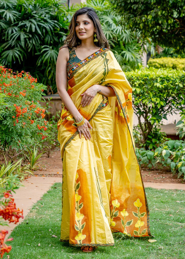 Yellow Chanderi Saree With Abstract Flower Motif