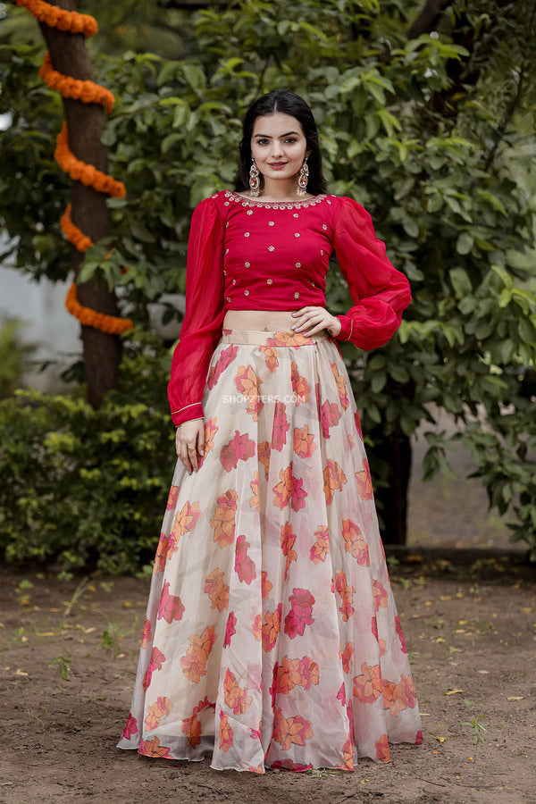 Pink Organza Top With Peach Georgette Skirt