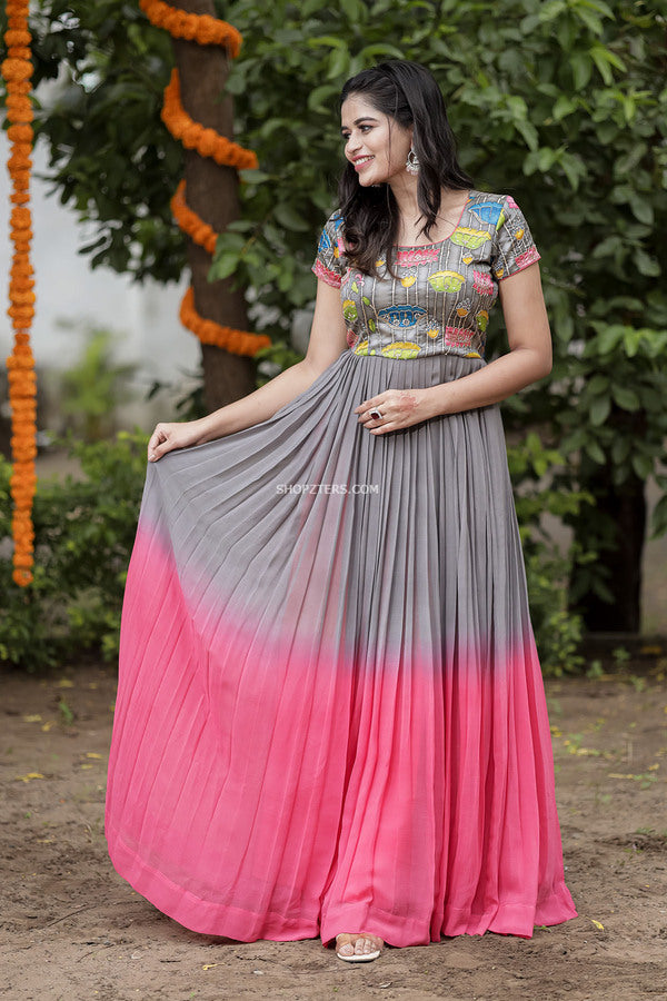 Grey and Pink Shaded Georgette Maxi Dress