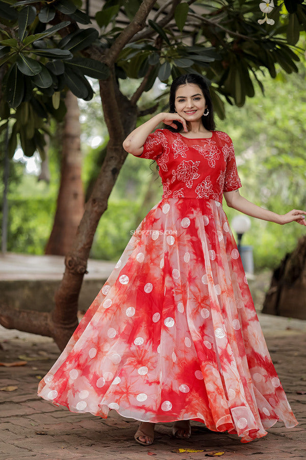 Red Sequence Organza Maxi Dress