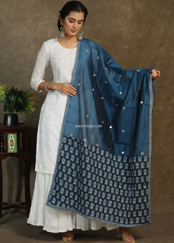 Blue Chanderi Mirror Work Dupatta