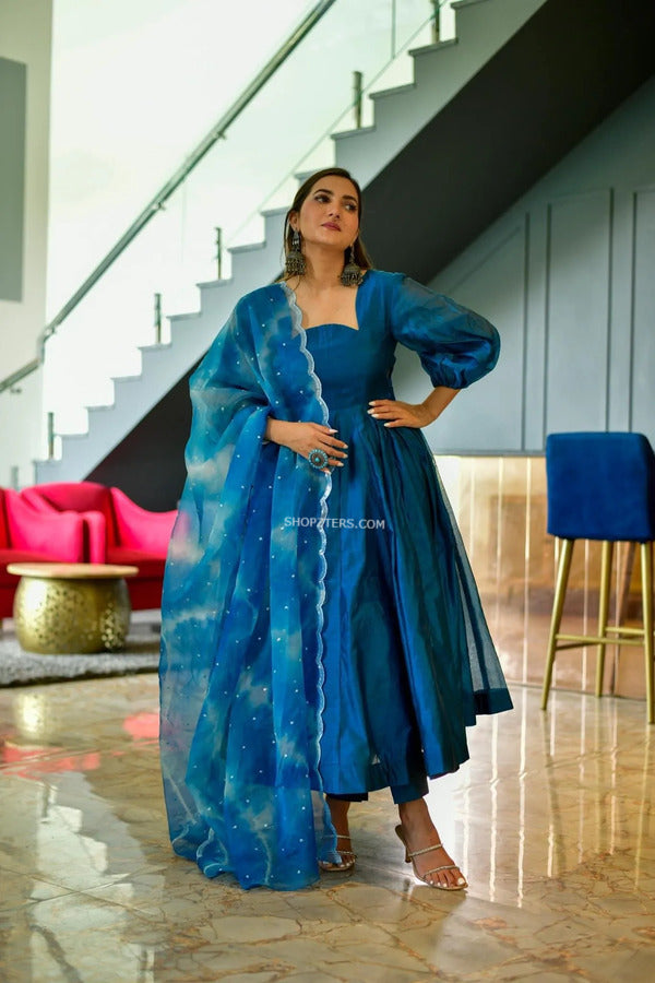 Blue Chanderi Suit Set With Organza Dupatta