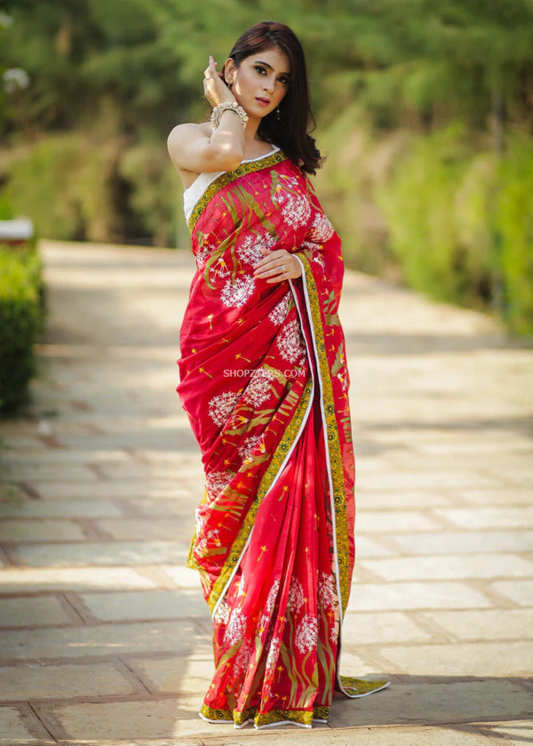 Red Chanderi Saree With Floral Embroidery