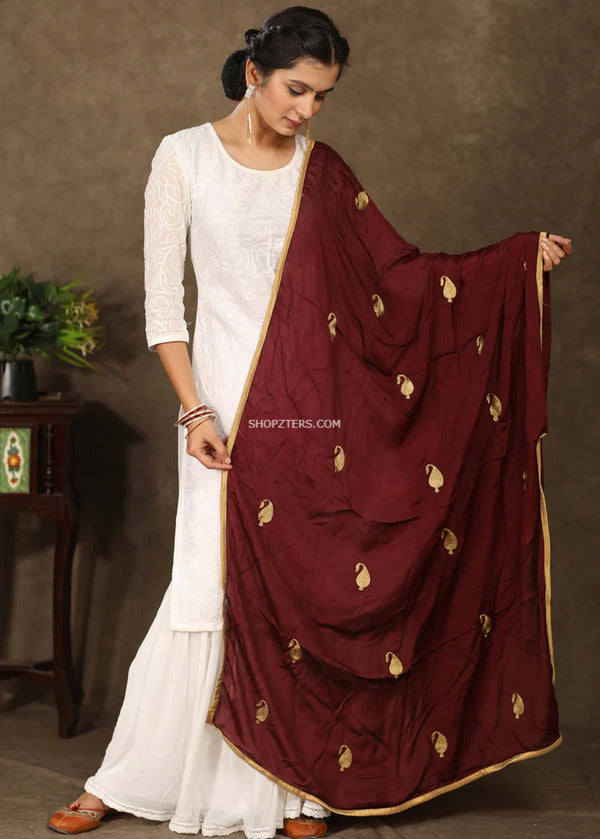 Maroon Dupatta With Golden Embroidery