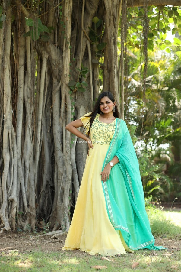 Yellow Embroidered Maxi Dress With Sea Green Dupatta