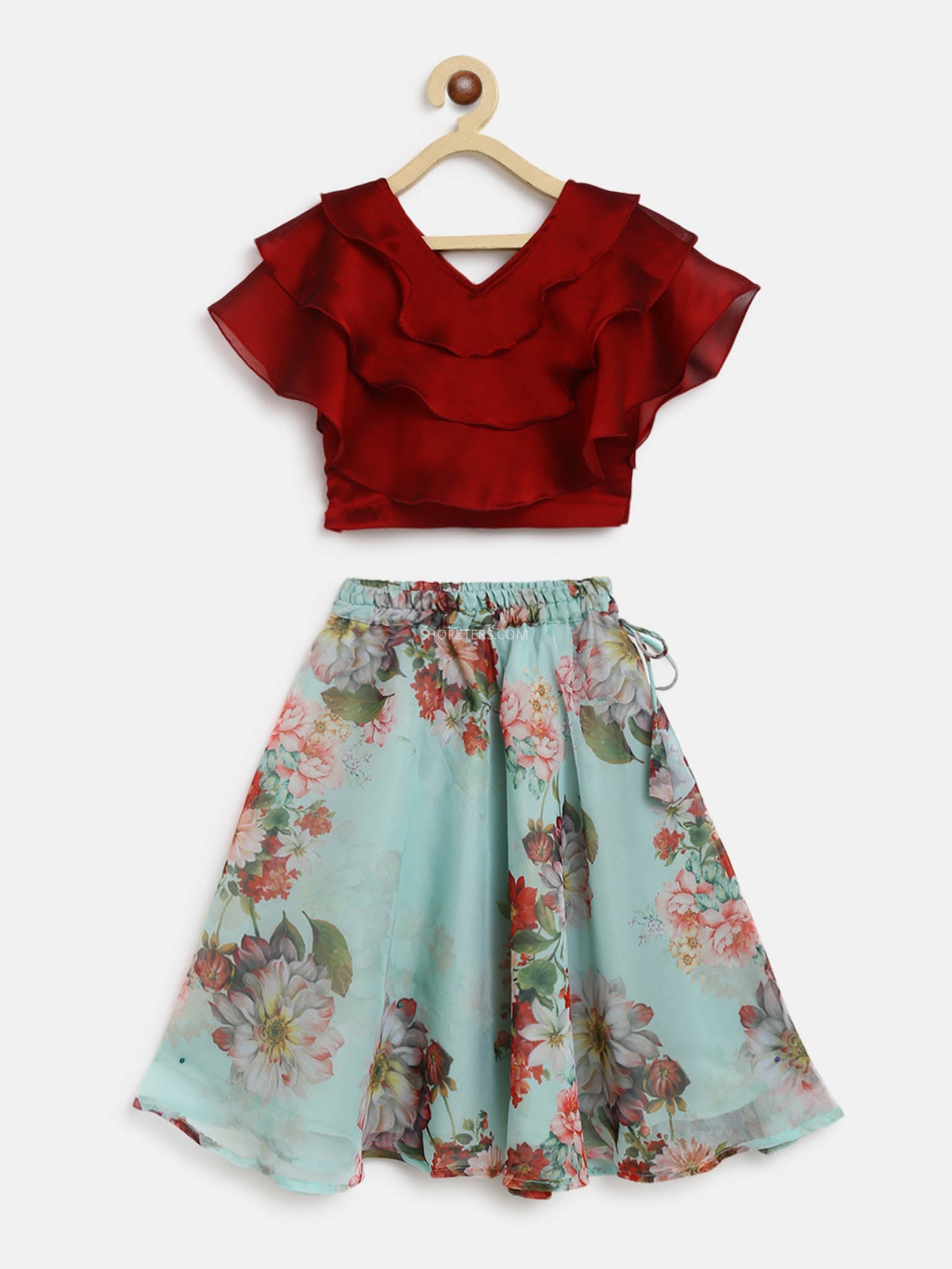 Red Georgette Ruffle Crop Top & Printed Organza Skirt