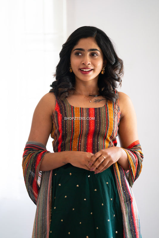 Multicolor Top With Green Chanderi Skirt With Dupatta