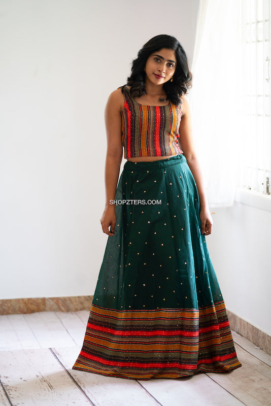 Multicolor Top With Green Chanderi Skirt