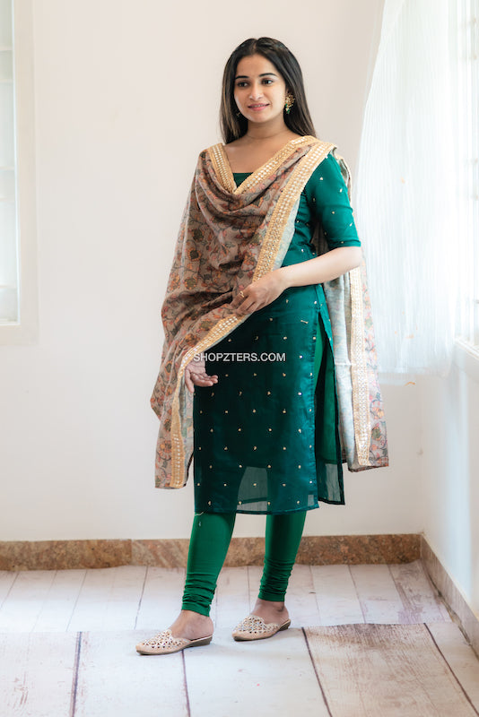 Bottle Green Kurti with Kalamkari Printed Dupatta