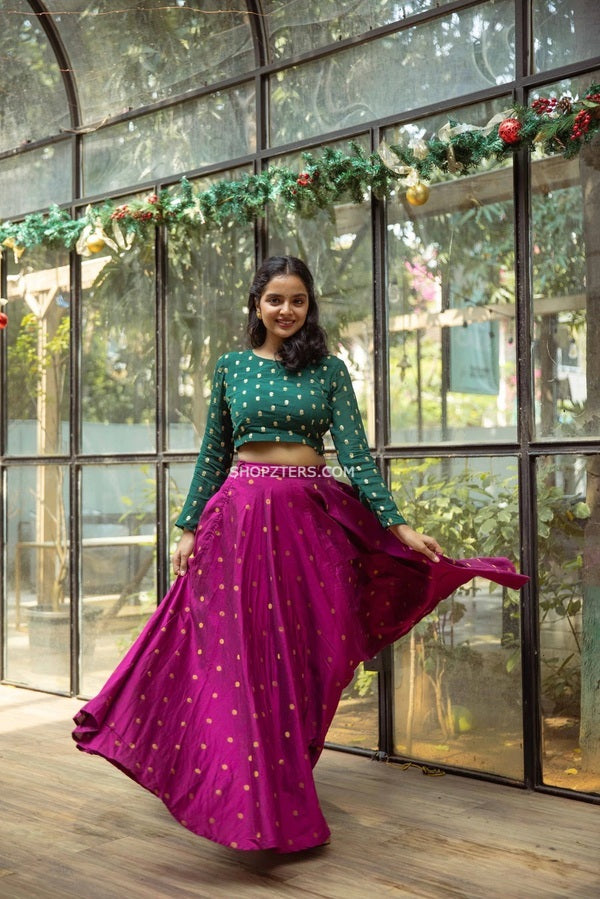 Green embroidered crop top and purple flared skirt - set of two by Athira  Designs