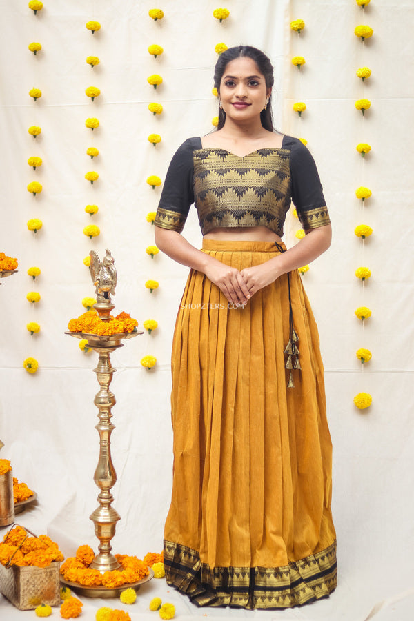 Black Cotton Croptop With Mustard Yellow Skirt