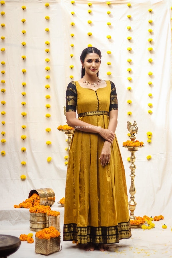 Mustard Yellow Cotton Maxi Dress With Black Belt