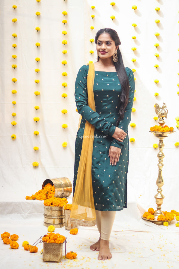 Jade Green Chinnon Kurta With Net Dupatta