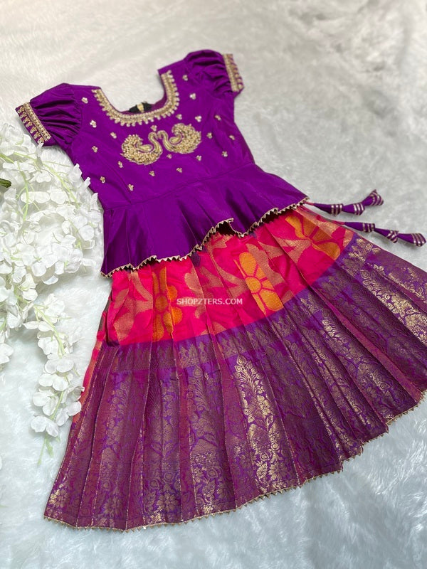 Pink and Purple Banarasi Big Border Lehenga