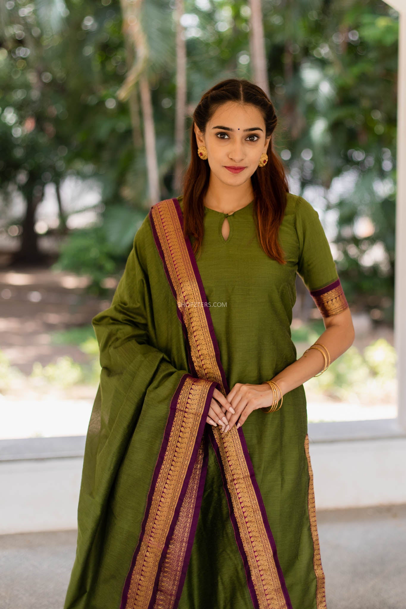 Green Kalyani Cotton Kurta With Dupatta