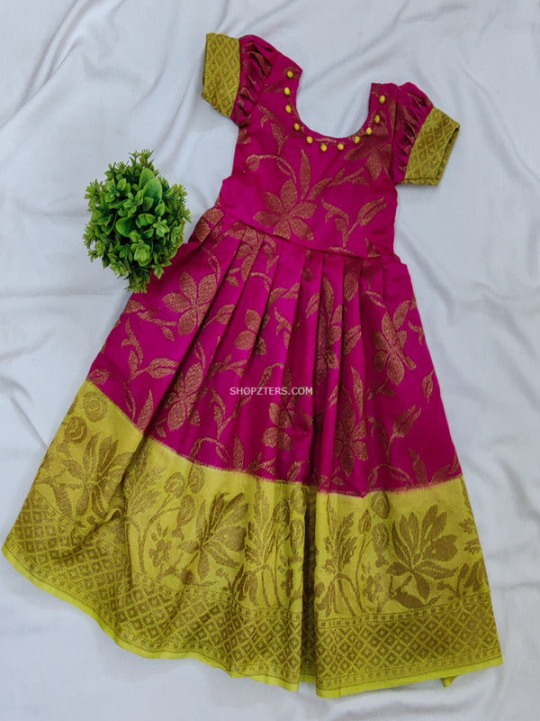 Rose And Neon Green Banaras Dupion Frock