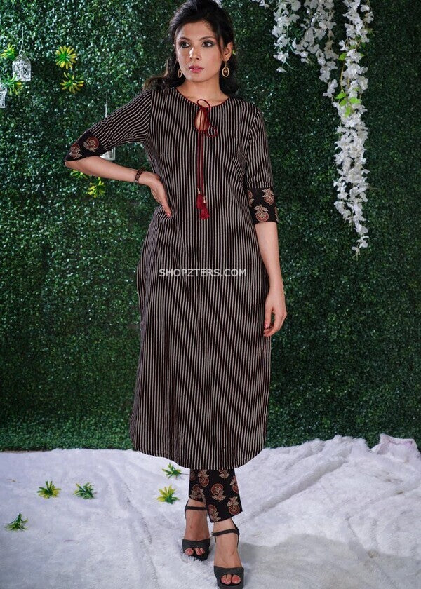 Black Cotton Striped Kurta