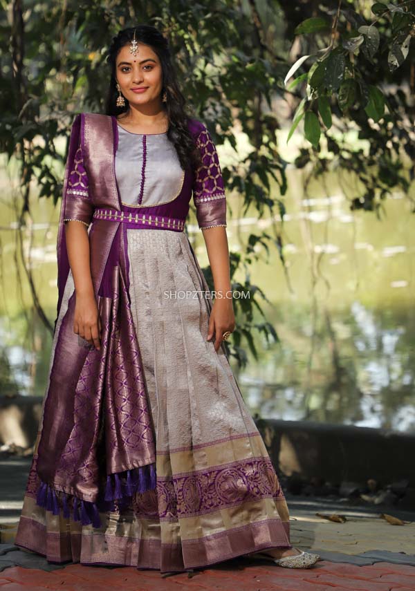 Grey Banarasi Silk Dress With Dupatta And Belt