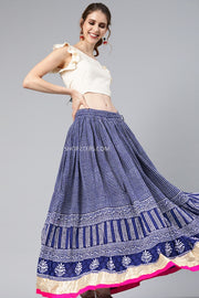 Blue Block Print Skirt With Crop Top