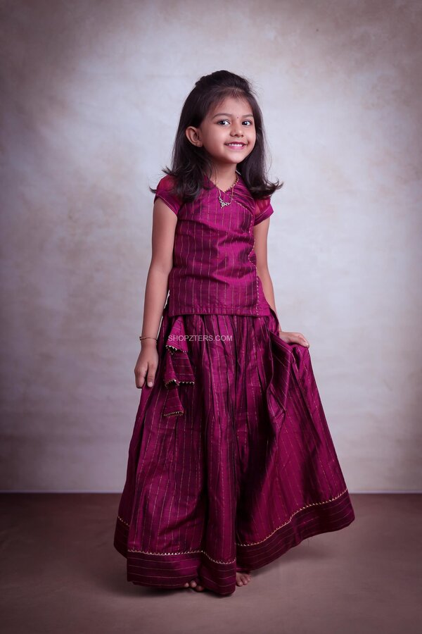 Magenta Chanderi cotton silk Pavadai Set